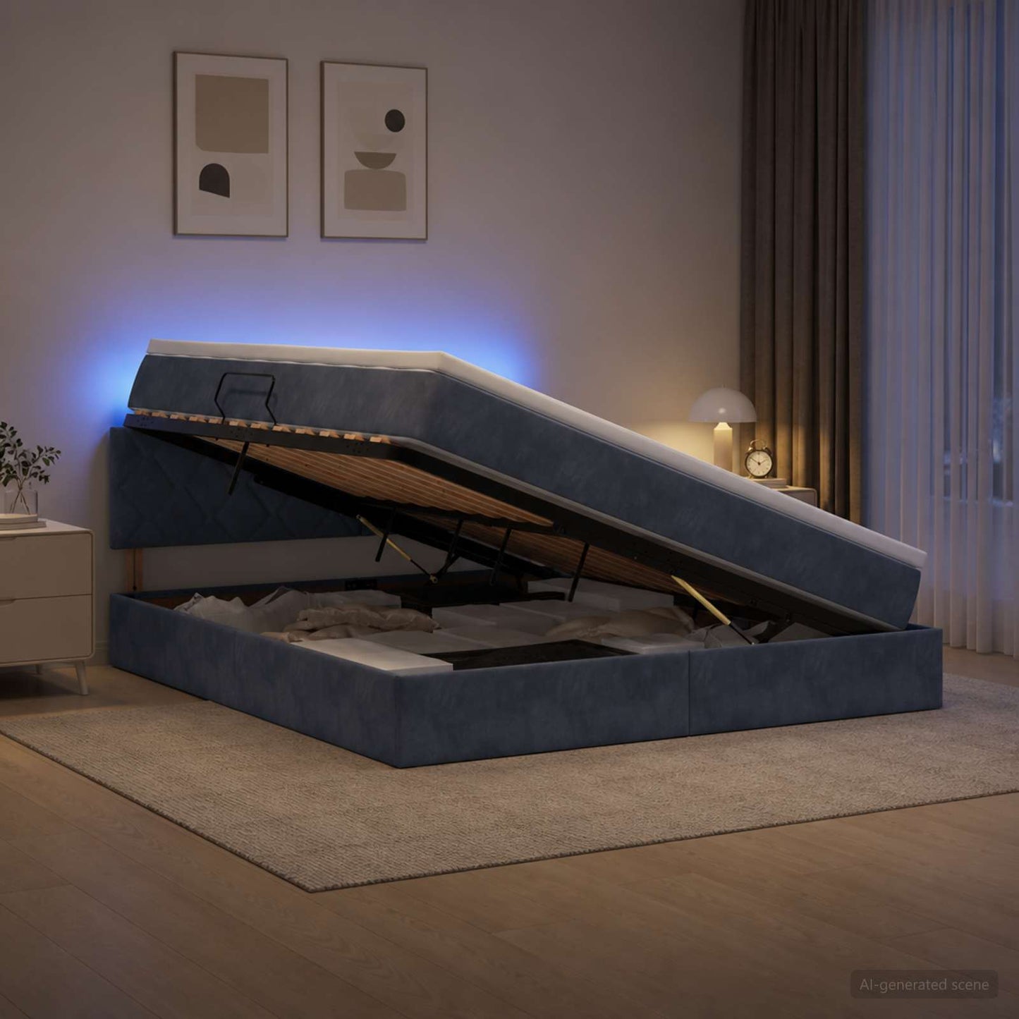 LED opbevarings seng med madras Mørkegrå 140 x 190 cm Fløjl