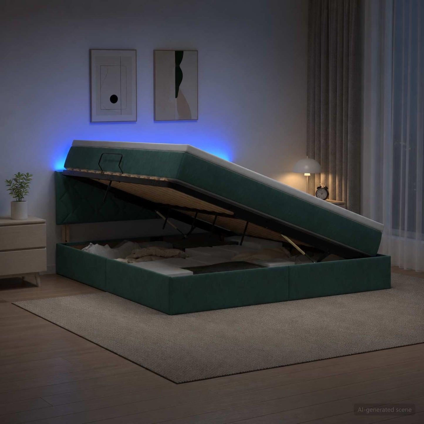 LED opbevarings seng med madras Mørkegrøn 160 x 200 cm Fløjl