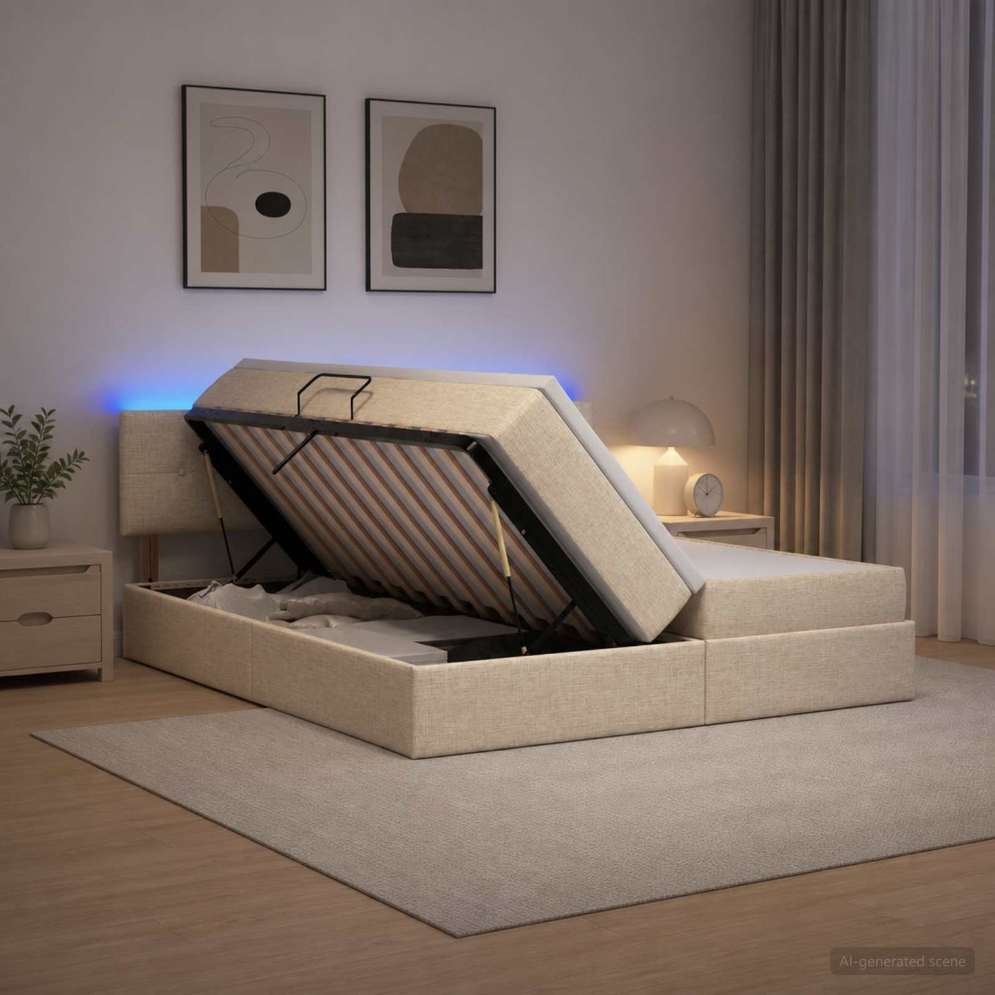 LED opbevarings seng med madras Cremefarvet 200 x 200 cm Stof