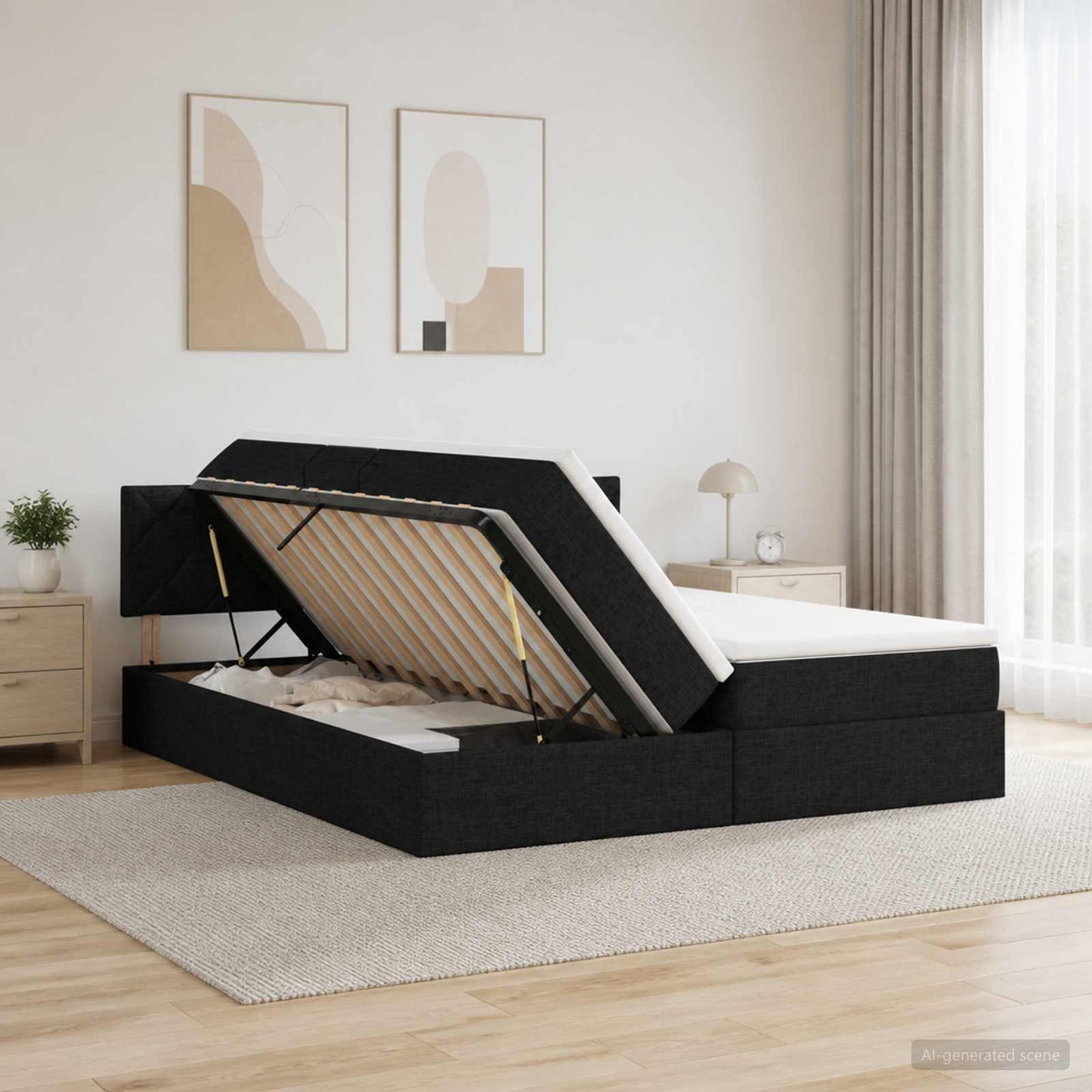 LED opbevarings seng med madras Sort 200 x 200 cm Stof