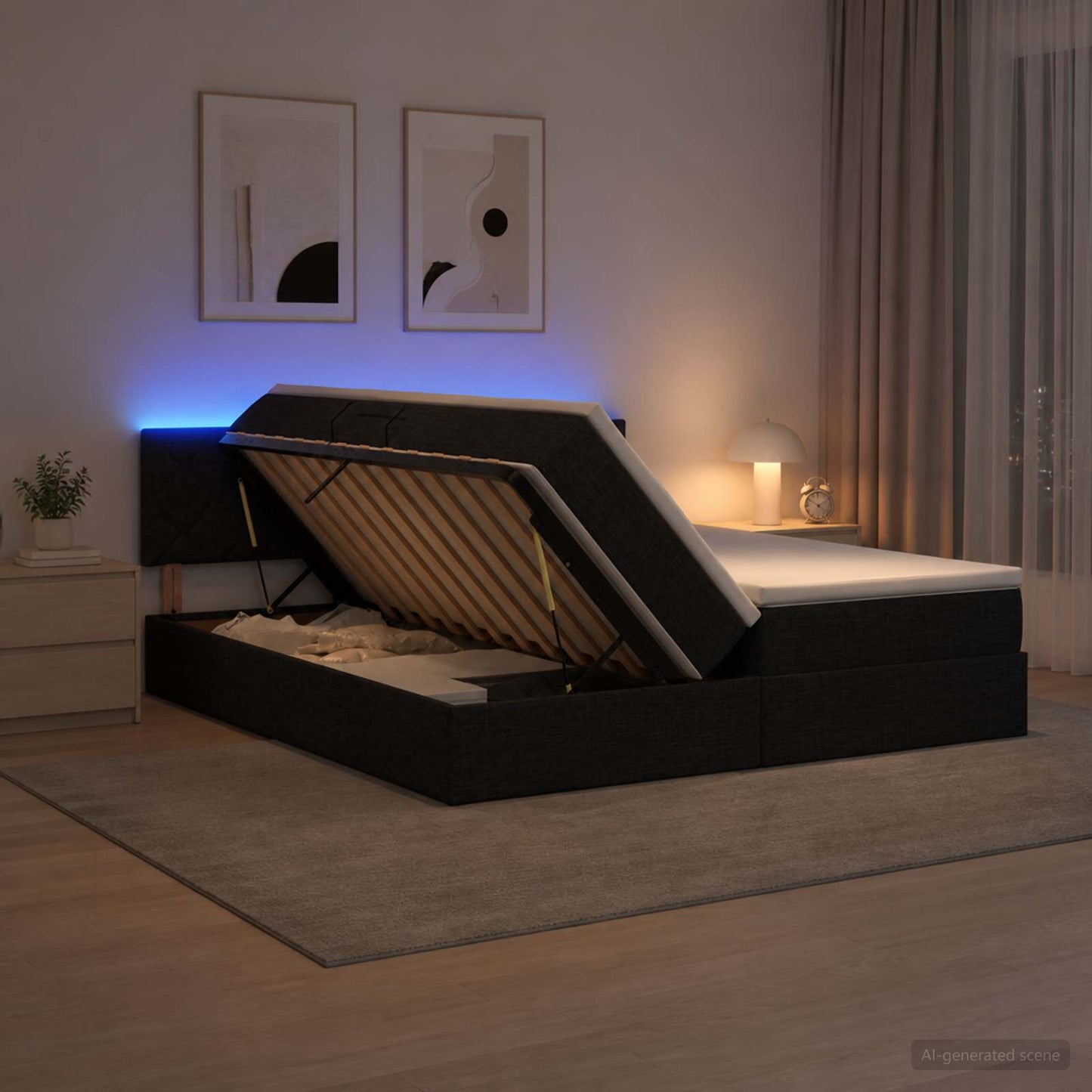 LED opbevarings seng med madras Sort 180 x 200 cm Stof