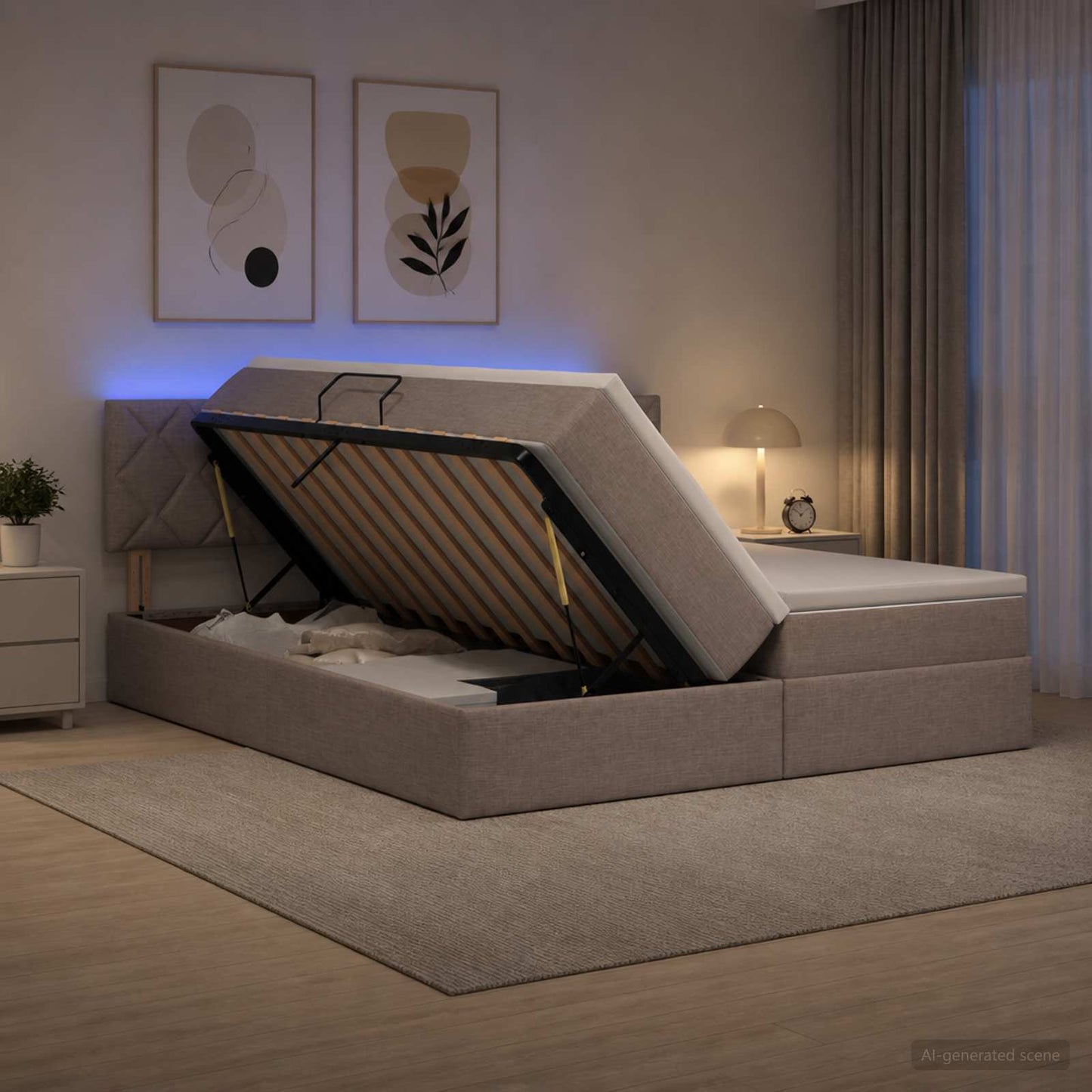 LED opbevarings seng med madras Gråbrun 200 x 200 cm Stof