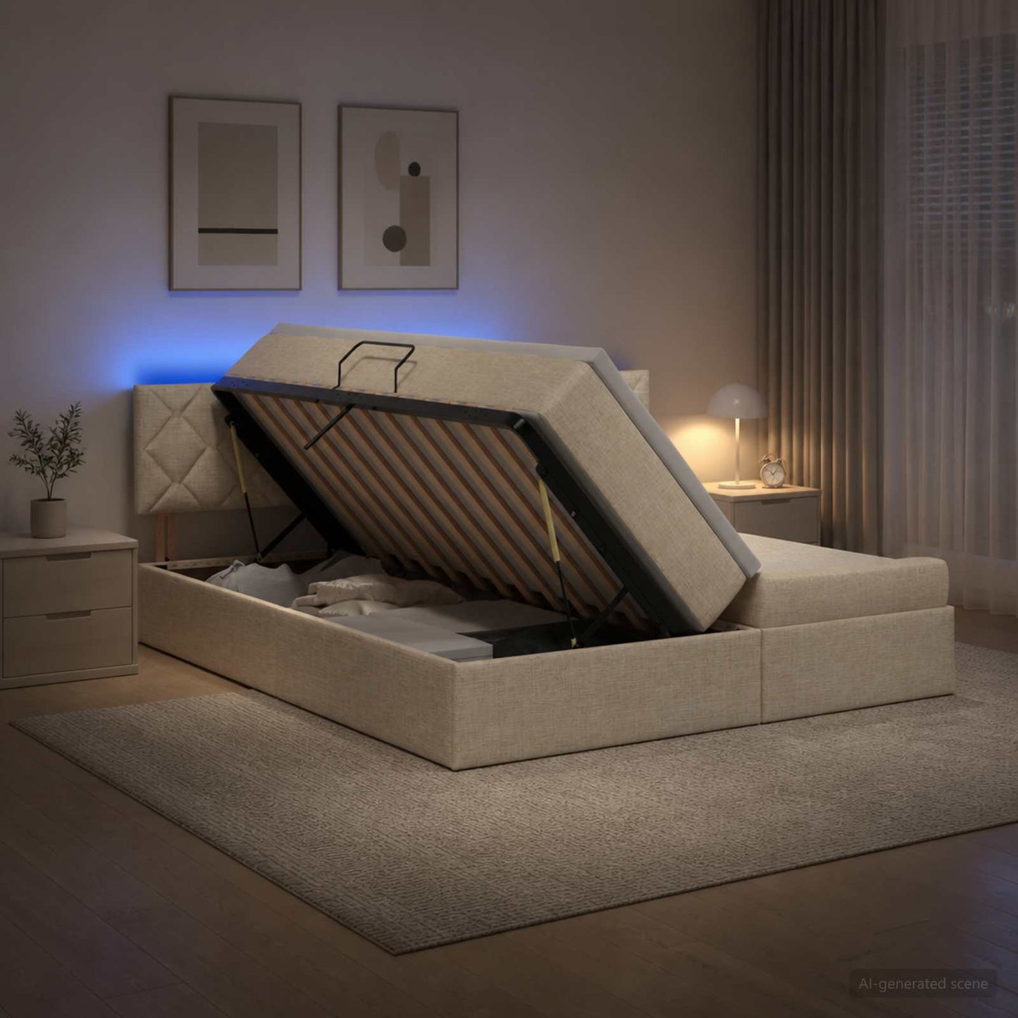 LED opbevarings seng med madras Cremefarvet 200 x 200 cm Stof