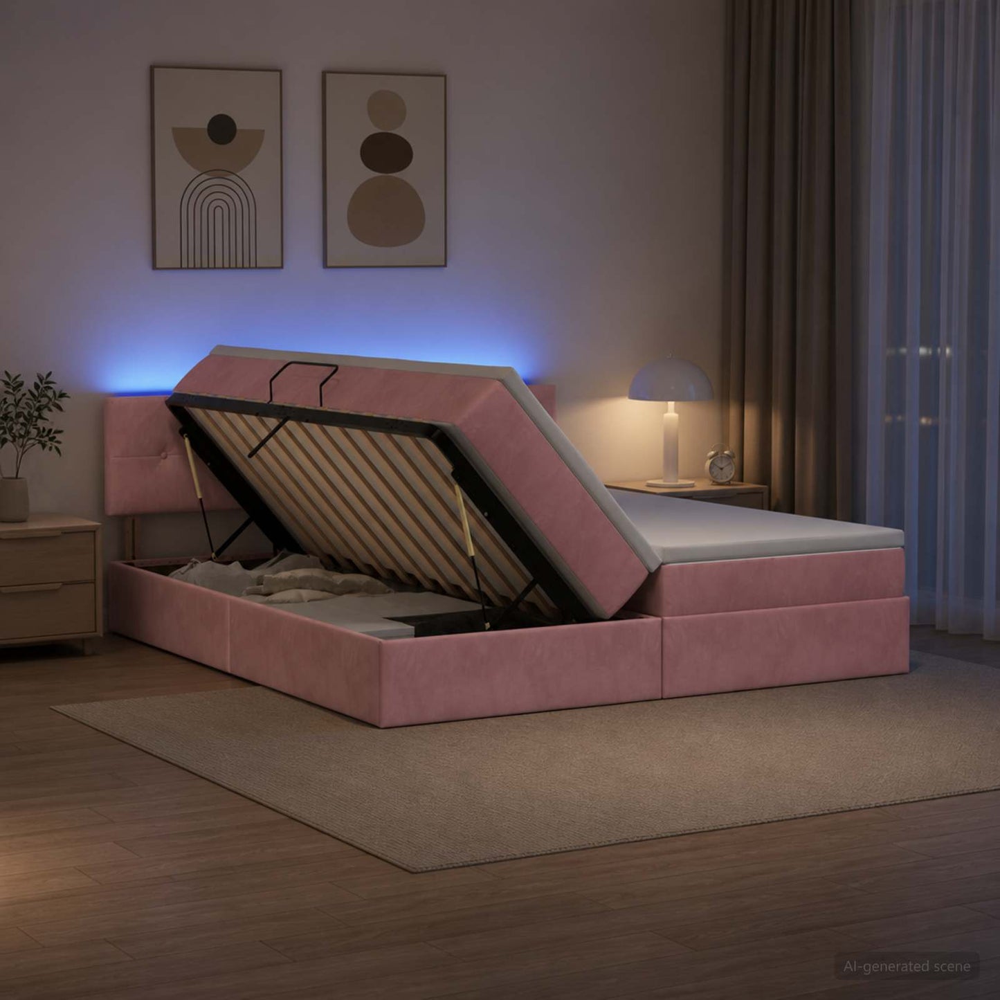 LED opbevarings seng med madras Lyserød 180 x 200 cm Fløjl