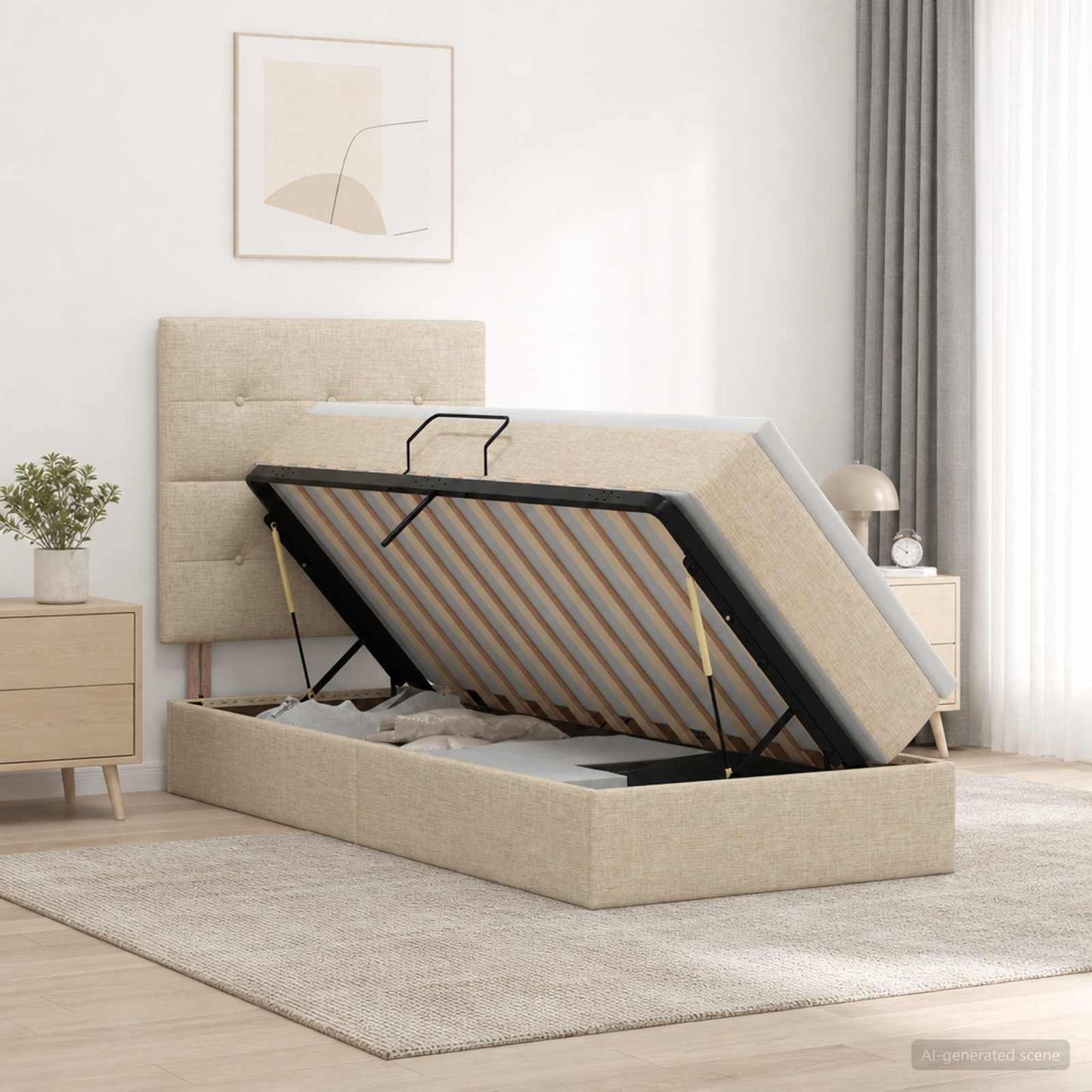 LED opbevarings seng med madras Cremefarvet 100 x 200 cm Stof
