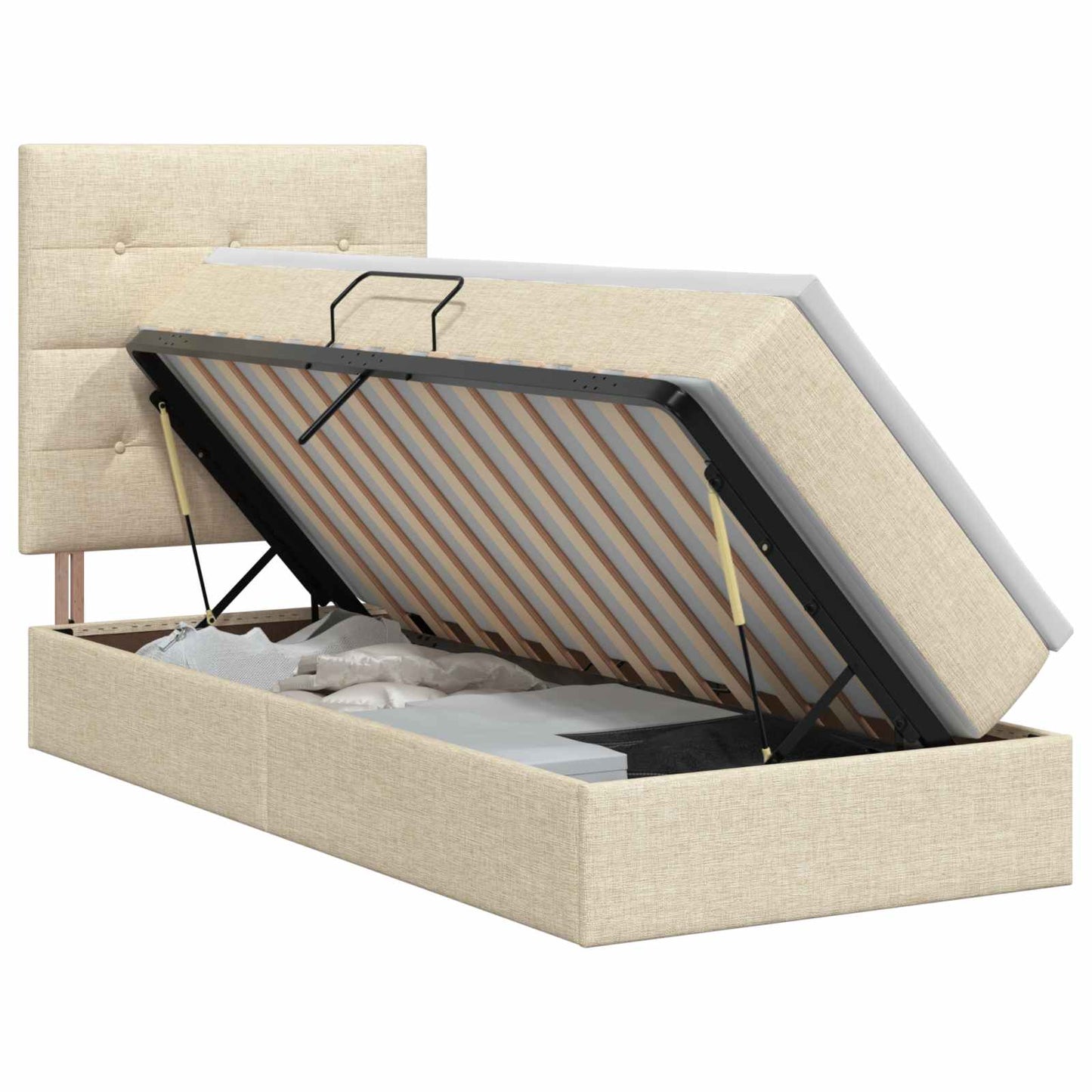 Seng med opbevaring og madras Cremefarvet 100 x 200 cm Stof