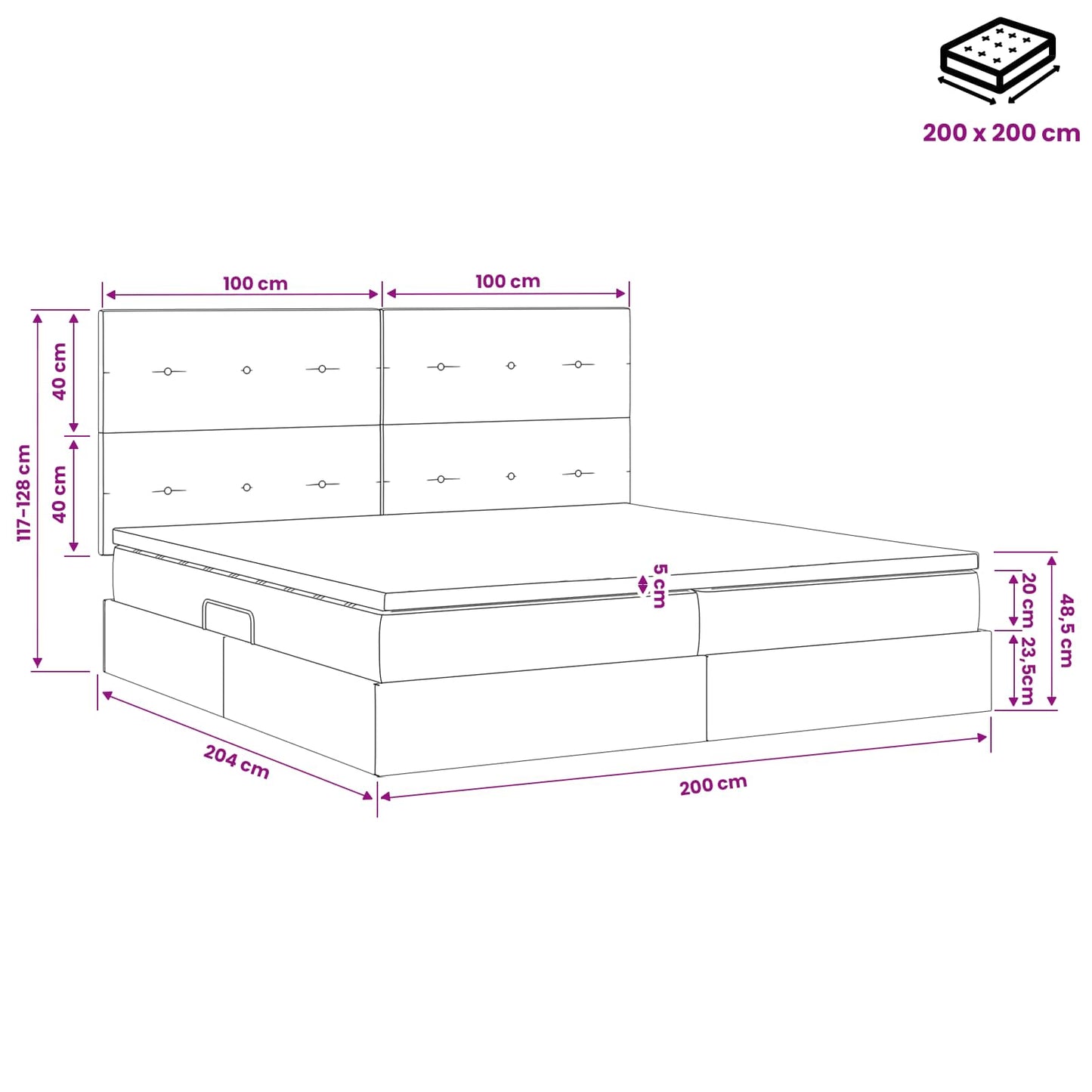 Seng med opbevaring og madras Blå 200 x 200 cm Stof