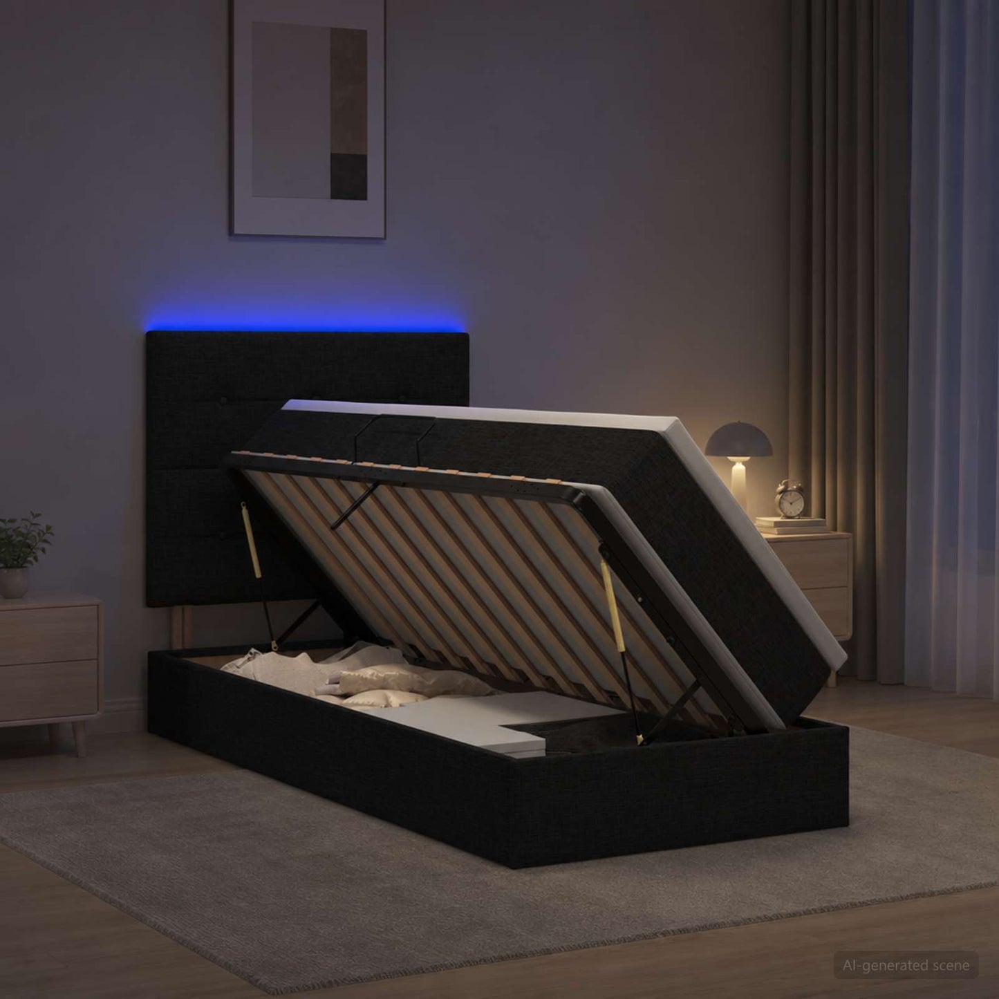 LED opbevarings seng med madras Sort 100 x 200 cm Stof