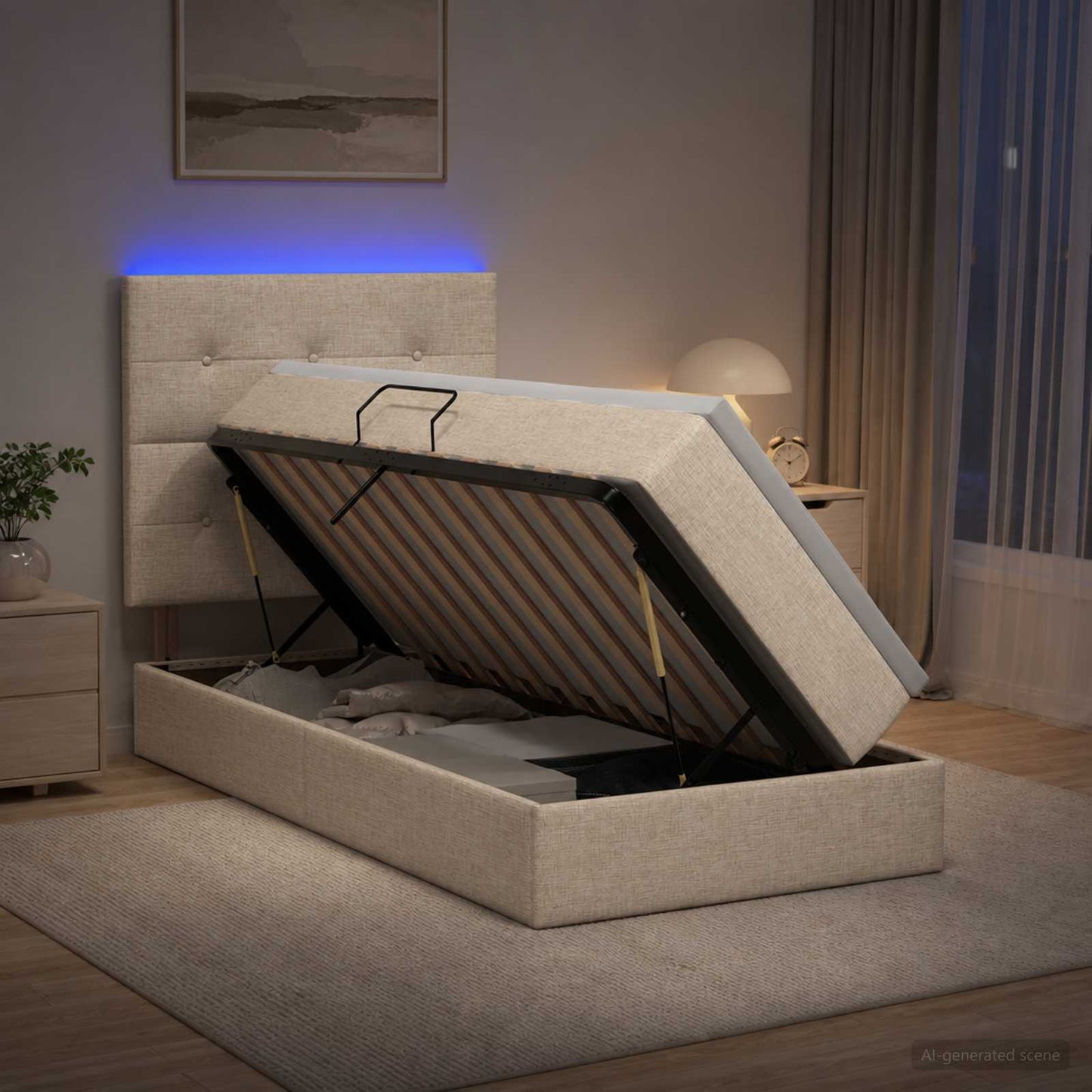 LED opbevarings seng med madras Cremefarvet 100 x 200 cm Stof
