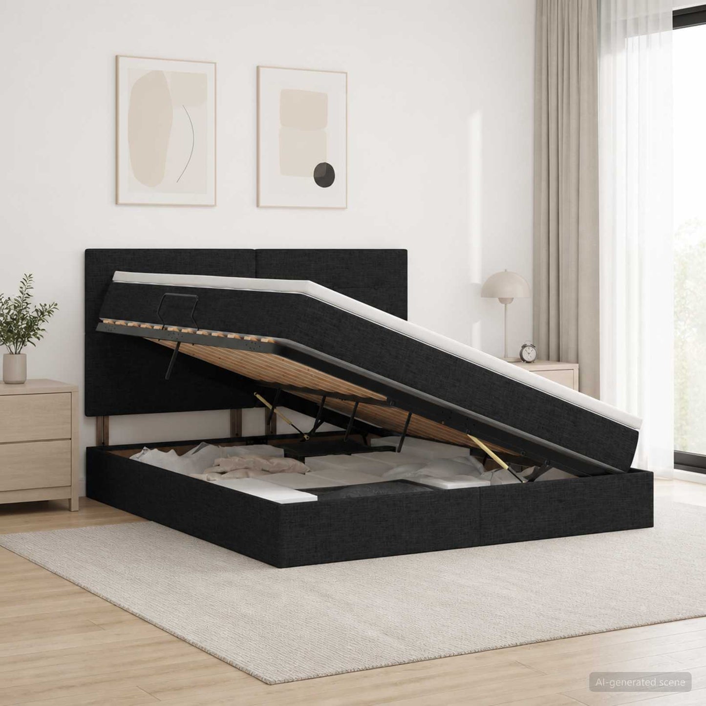 Seng med opbevaring og madras Sort 140 x 190 cm Stof