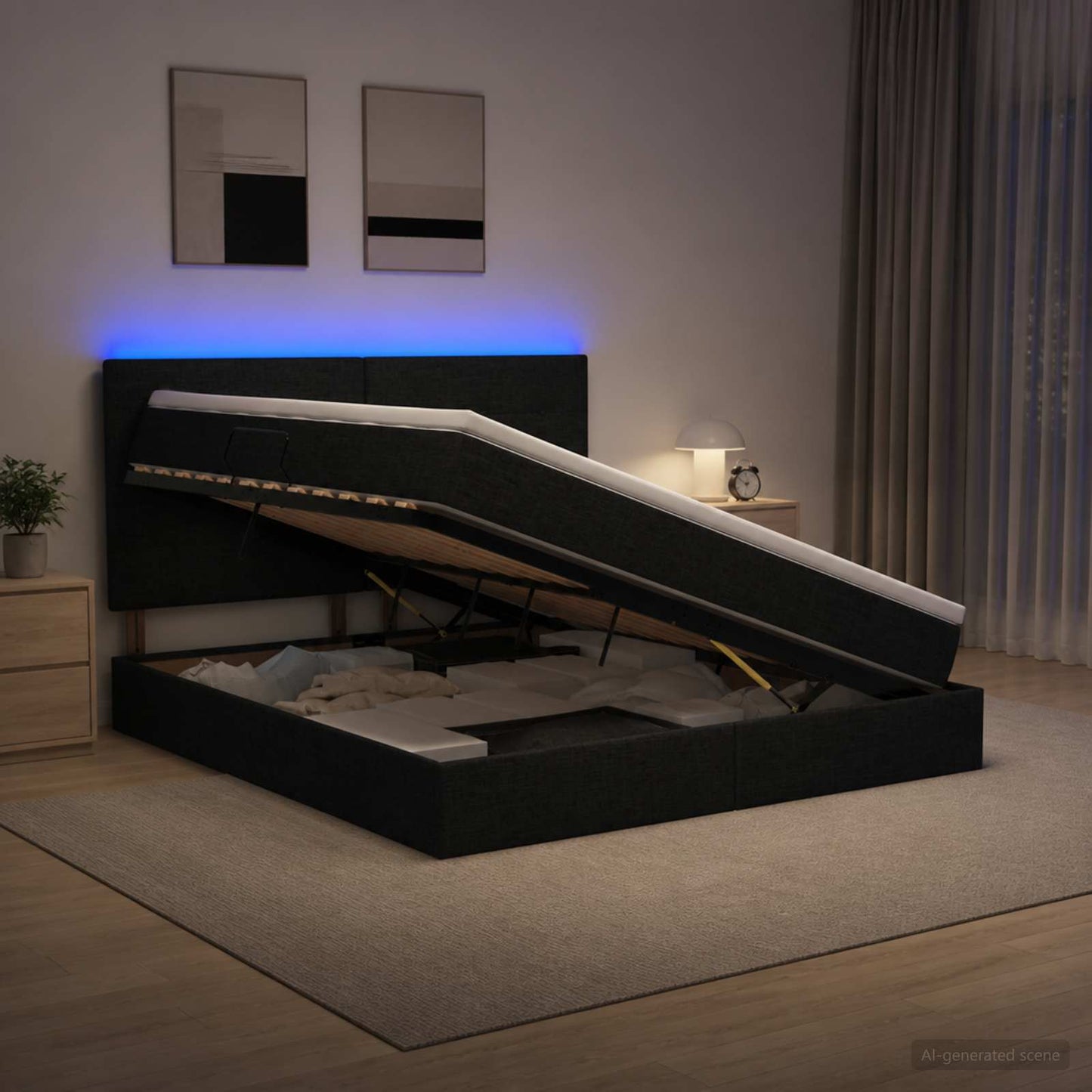LED opbevarings seng med madras Sort 140 x 190 cm Stof