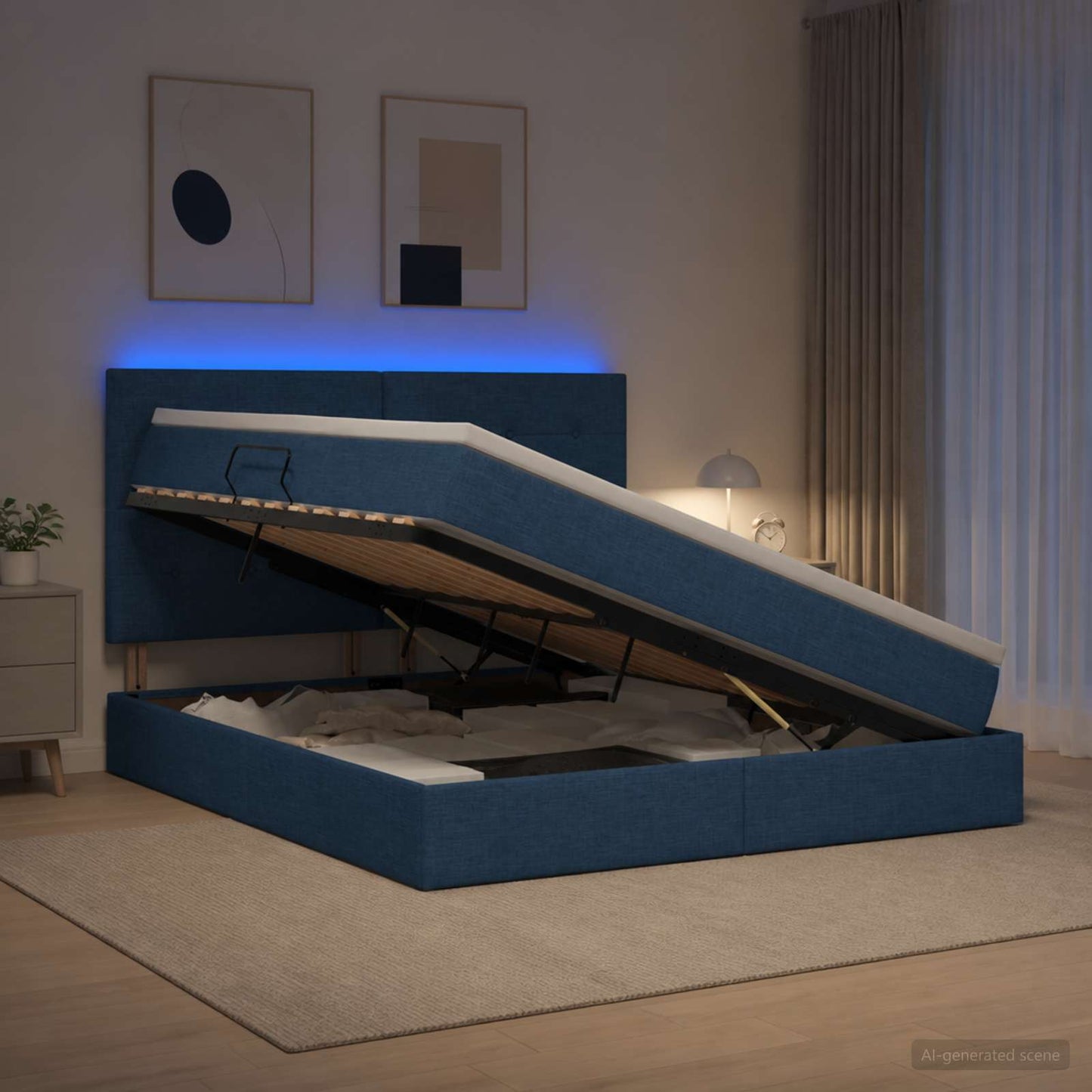 LED opbevarings seng med madras Blå 180 x 200 cm Stof