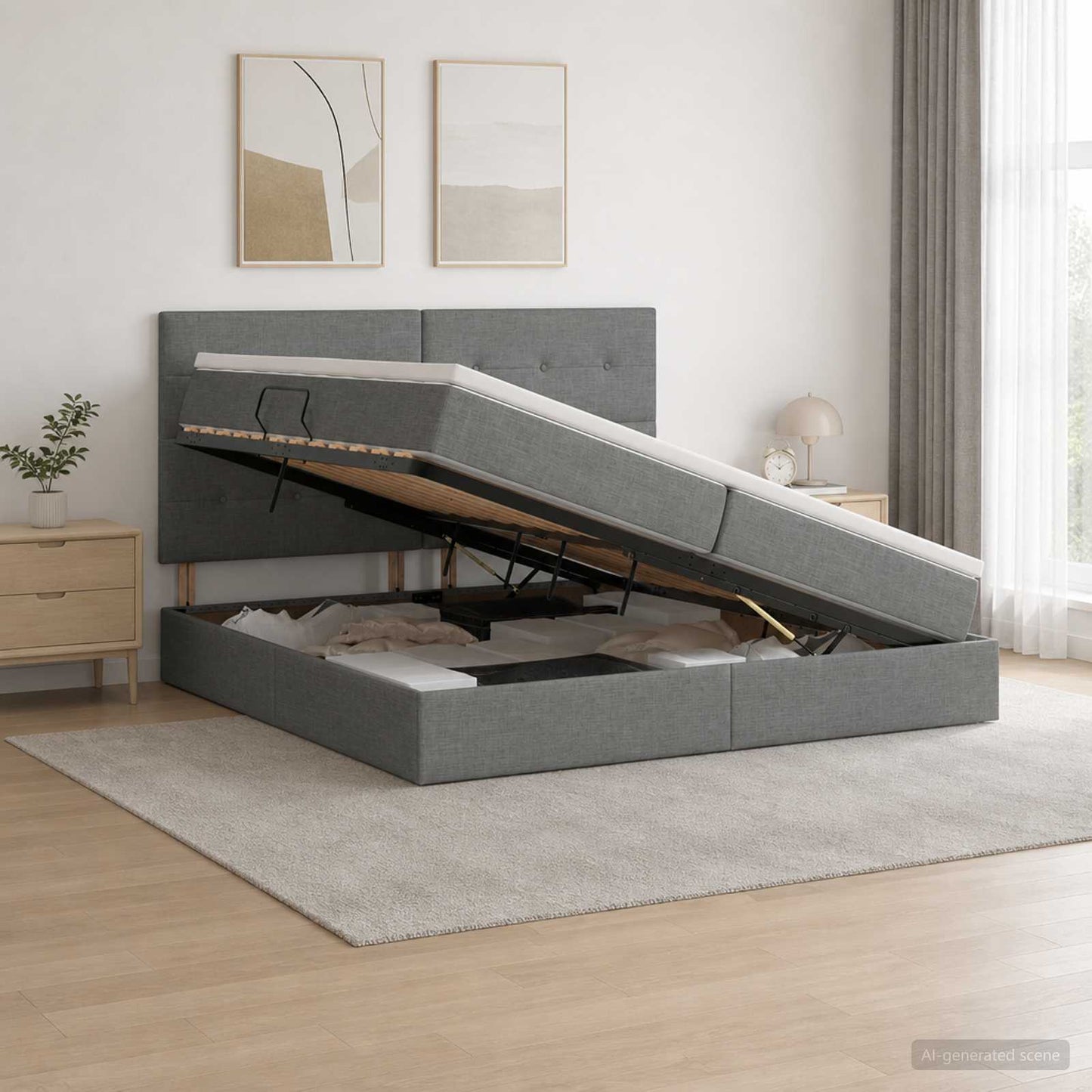 Seng med opbevaring og madras Mørkegrå 200 x 200 cm Stof