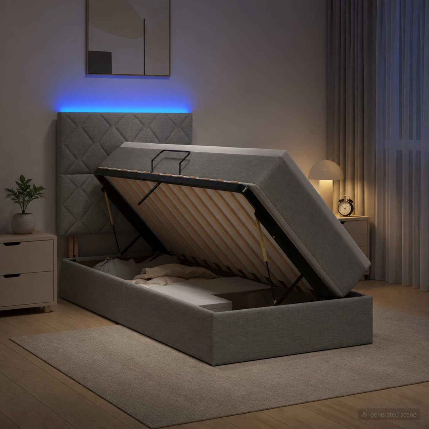 LED opbevarings seng med madras Lysegrå 90 x 190 cm Stof