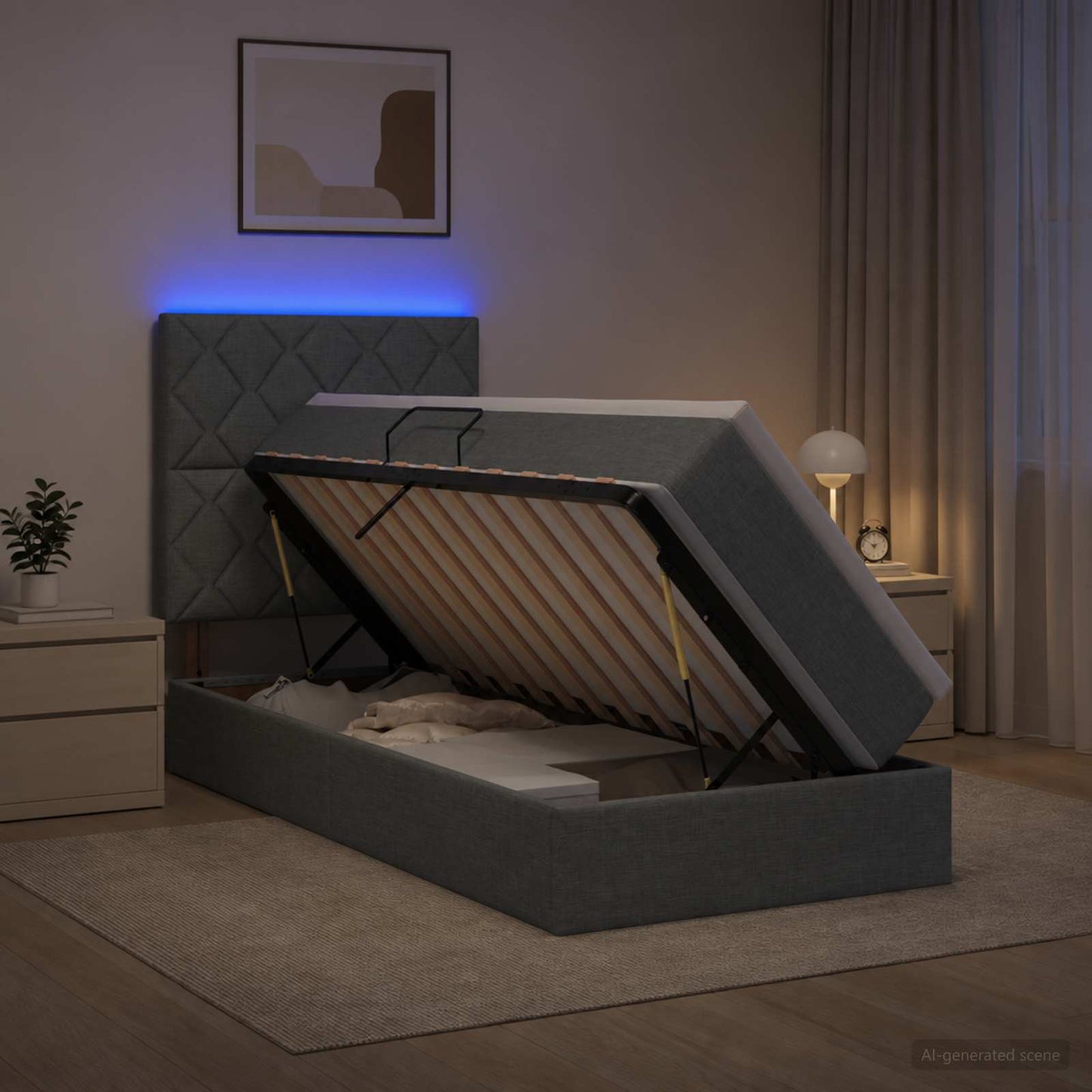 LED opbevarings seng med madras Mørkegrå 100 x 200 cm Stof