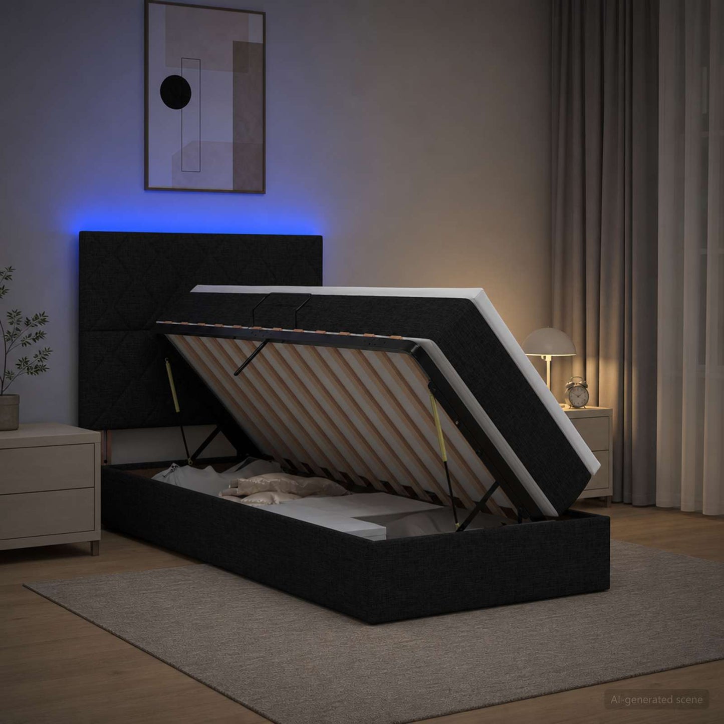 LED opbevarings seng med madras Sort 90 x 200 cm Stof