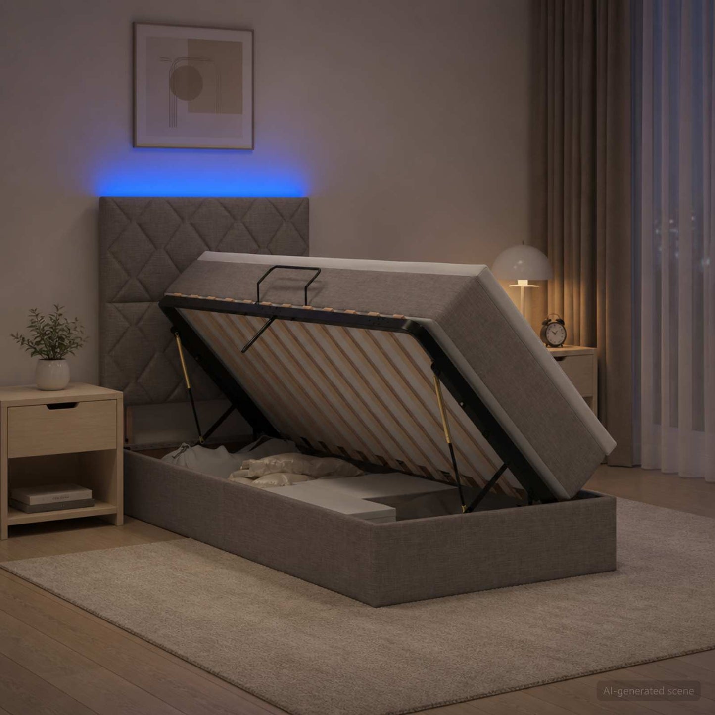 LED opbevarings seng med madras Gråbrun 100 x 200 cm Stof