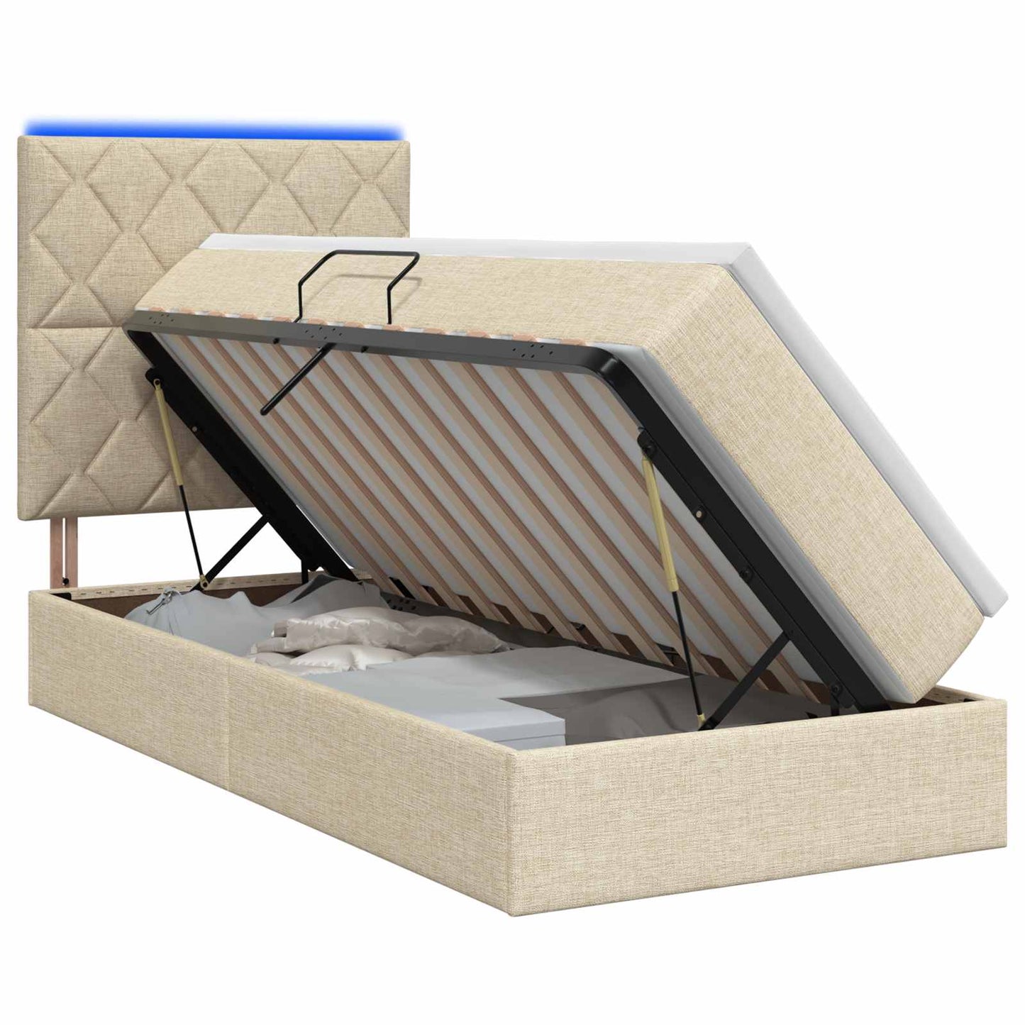 LED opbevarings seng med madras Cremefarvet 90 x 200 cm Stof