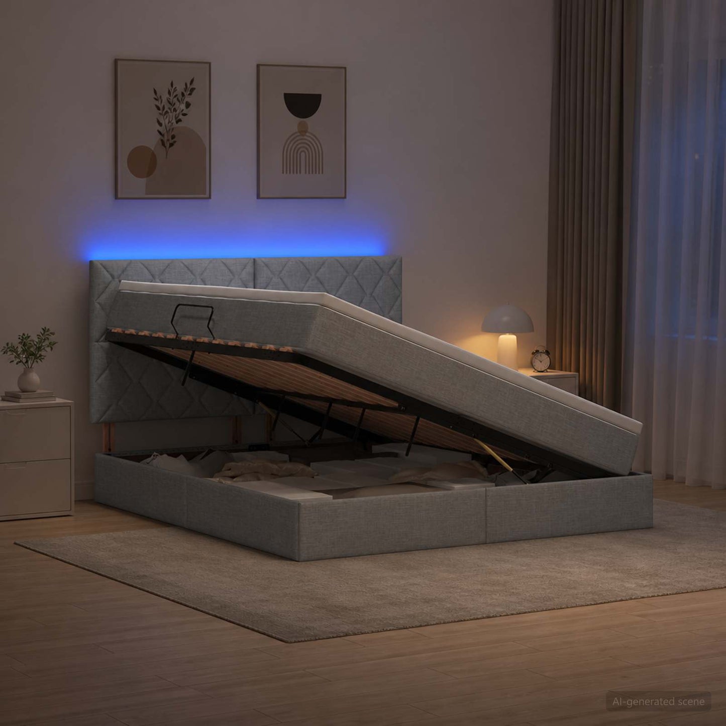 LED opbevarings seng med madras Lysegrå 140 x 200 cm Stof