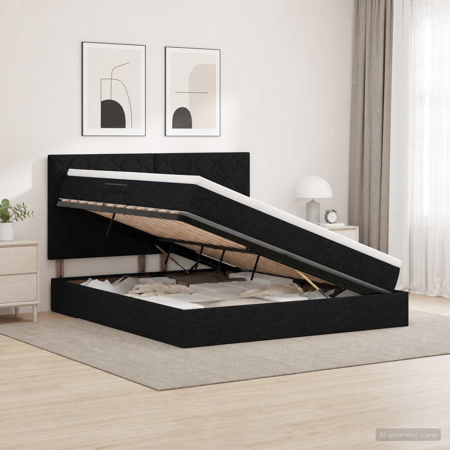 Seng med opbevaring og madras Sort 140 x 190 cm Stof