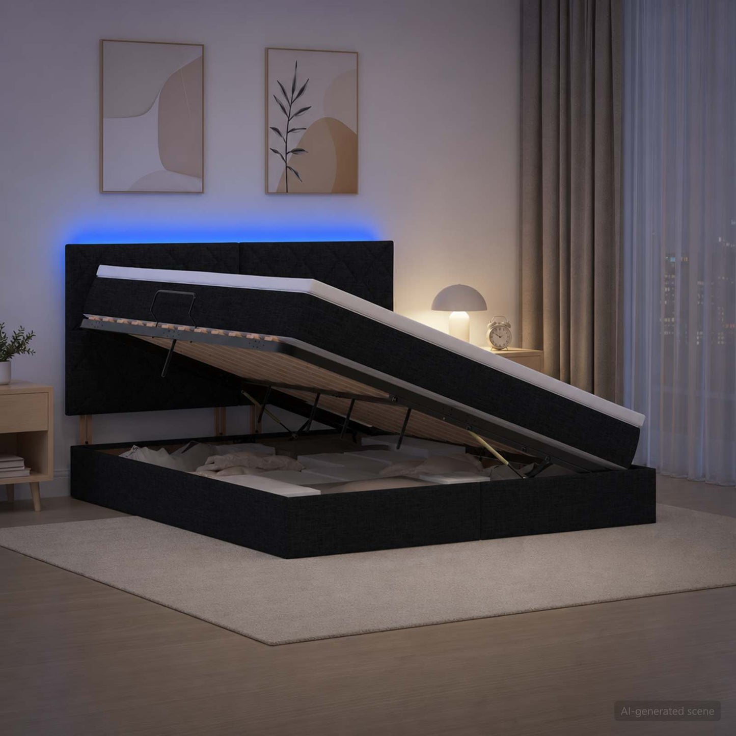 LED opbevarings seng med madras Sort 140 x 190 cm Stof