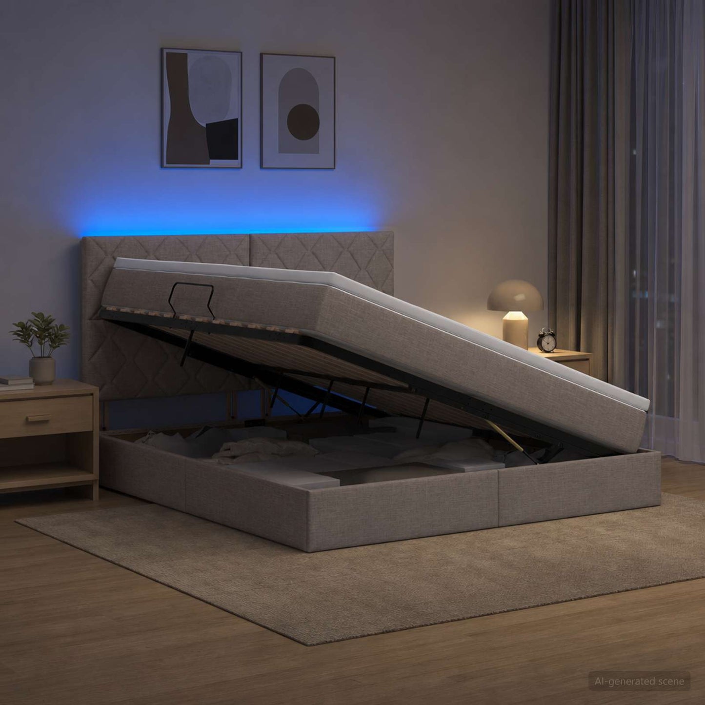 LED opbevarings seng med madras Gråbrun 180 x 200 cm Stof