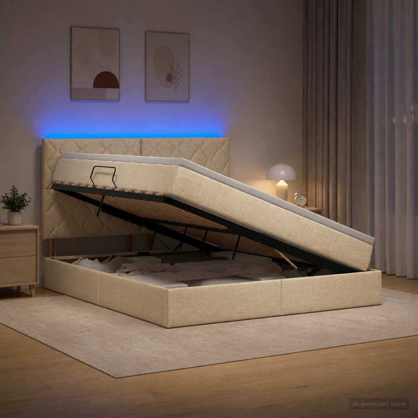 LED opbevarings seng med madras Cremefarvet 180 x 200 cm Stof