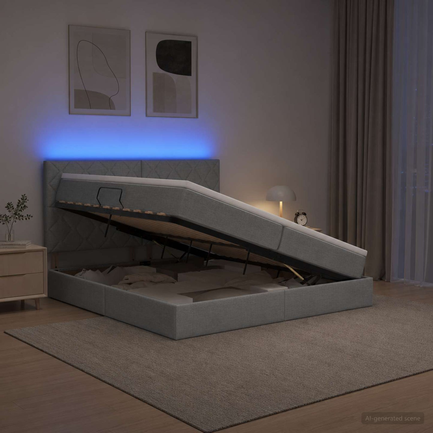 LED opbevarings seng med madras Lysegrå 200 x 200 cm Stof