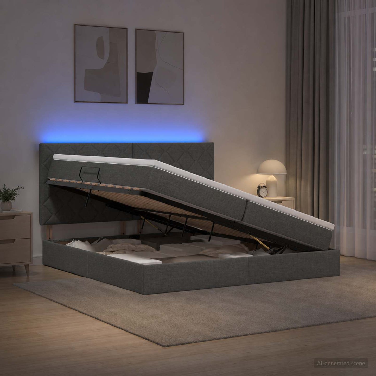 LED opbevarings seng med madras Mørkegrå 200 x 200 cm Stof