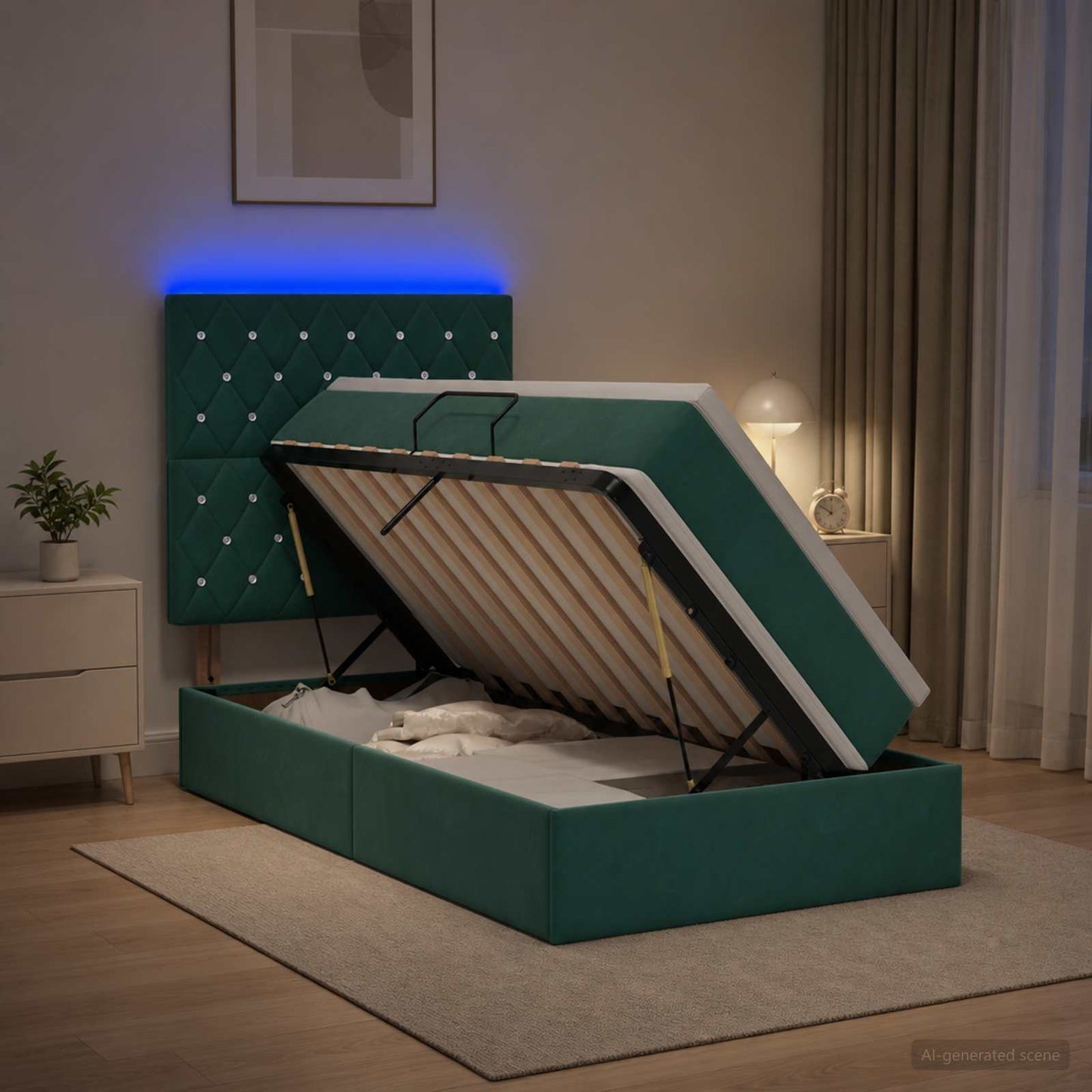 LED opbevarings seng med madras Mørkegrøn 90 x 200 cm Fløjl