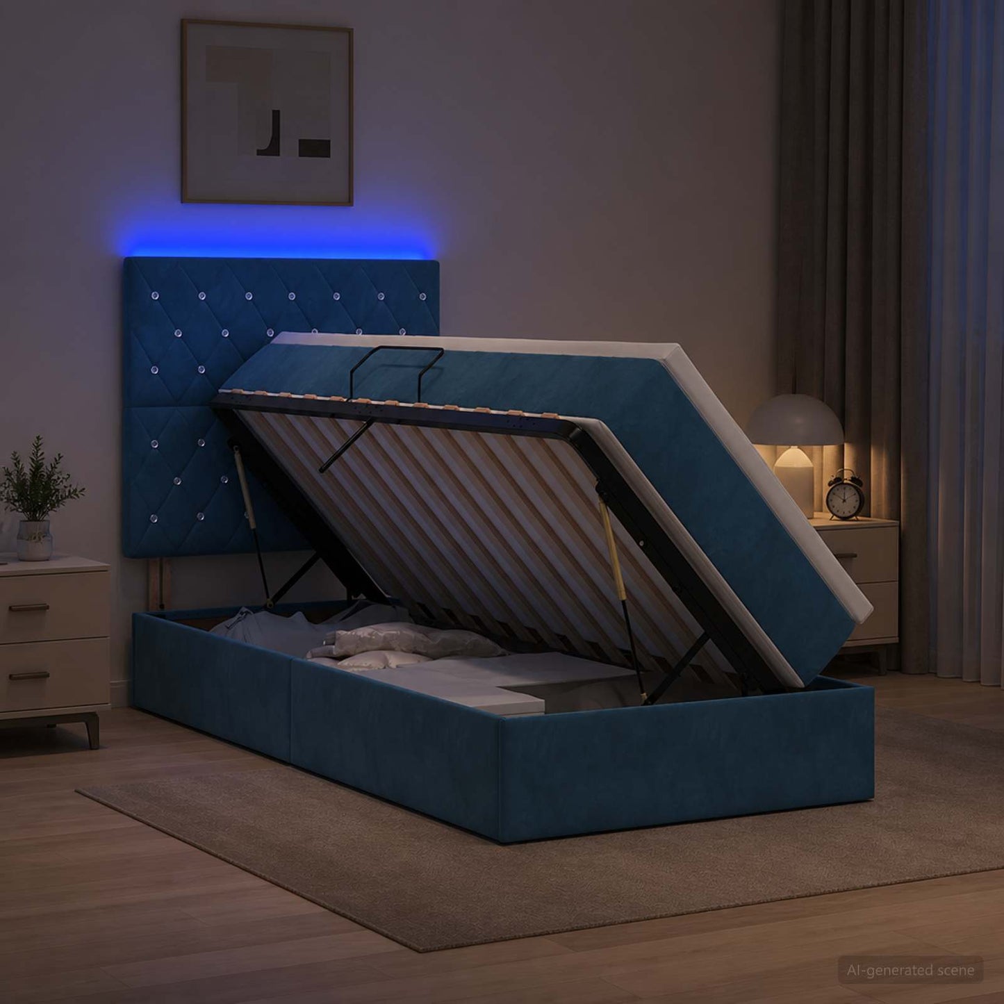 LED opbevarings seng med madras Mørk blå 100 x 200 cm Fløjl