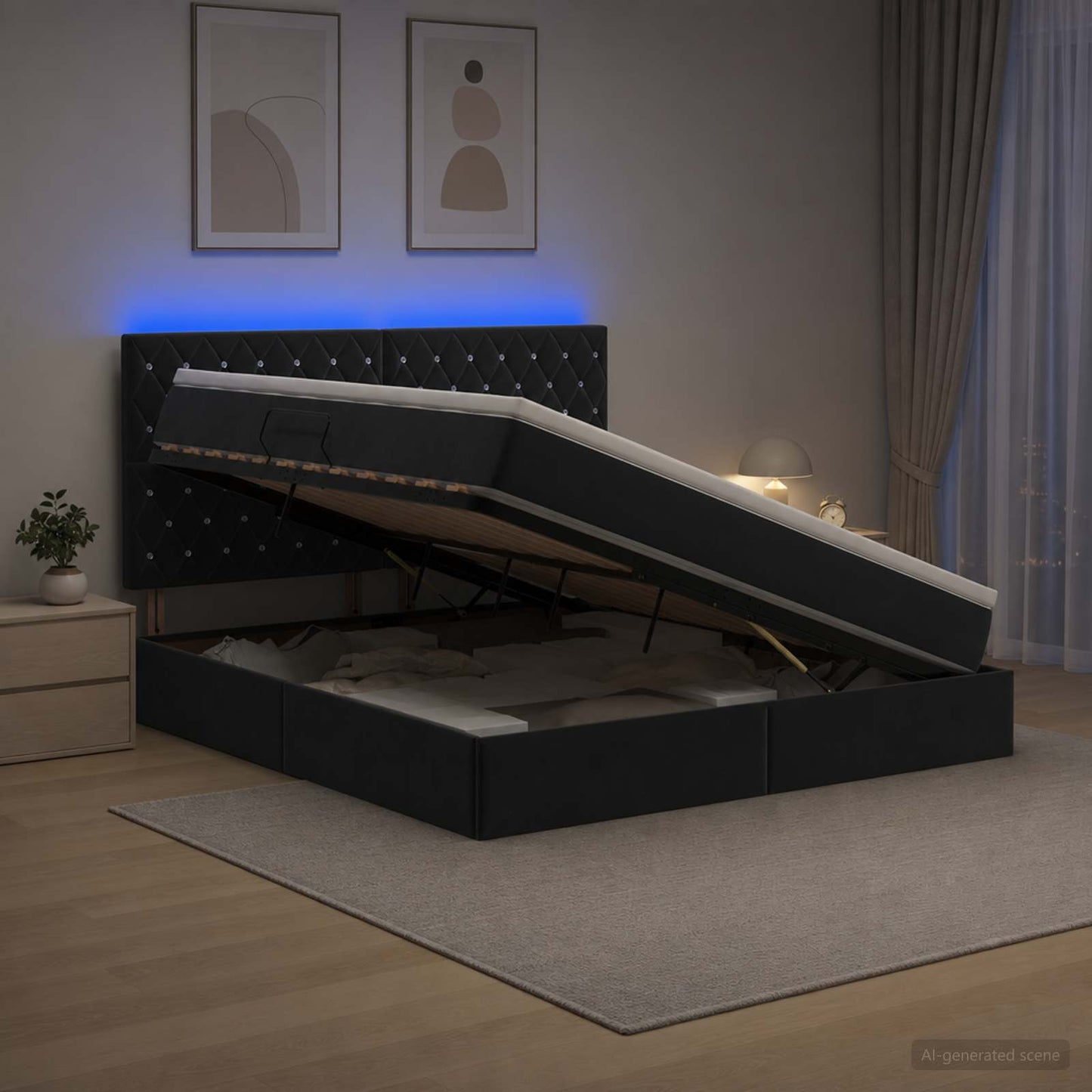 LED opbevarings seng med madras Sort 160 x 200 cm Fløjl