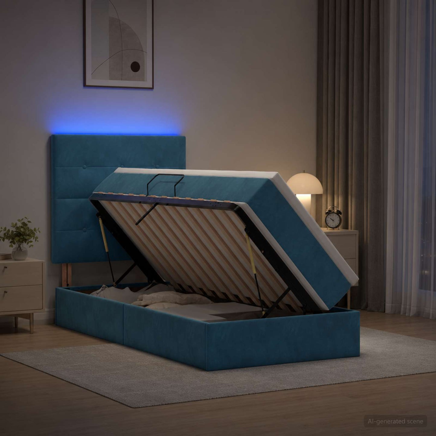 LED opbevarings seng med madras Mørk blå 90 x 200 cm Fløjl