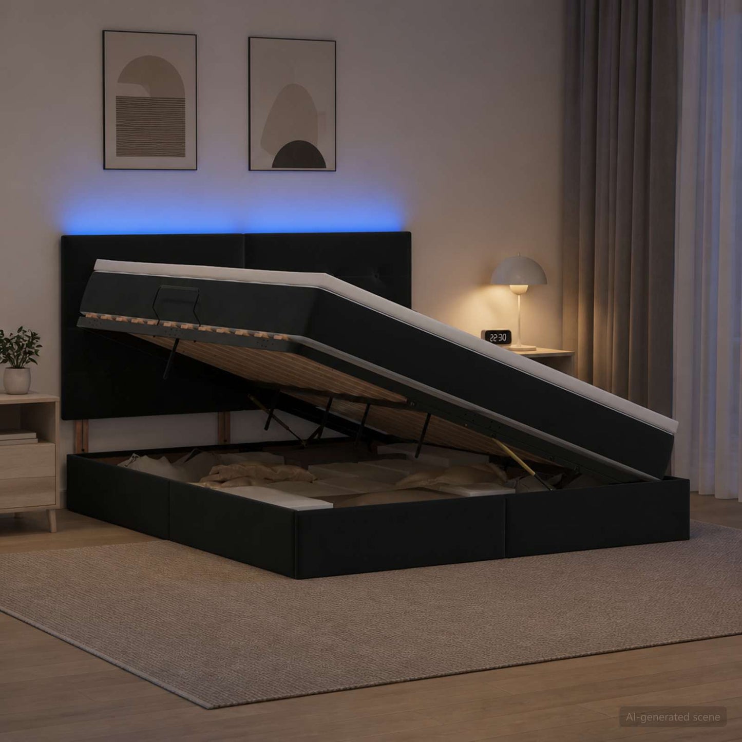 LED opbevarings seng med madras Sort 160 x 200 cm Fløjl