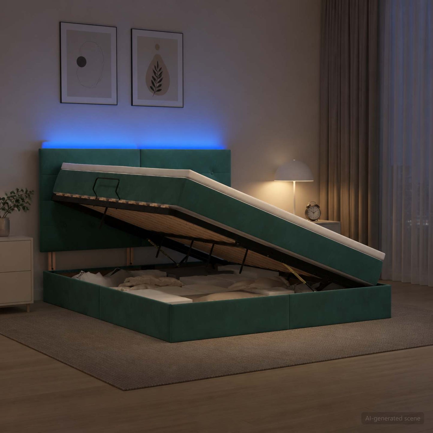 LED opbevarings seng med madras Mørkegrøn 160 x 200 cm Fløjl