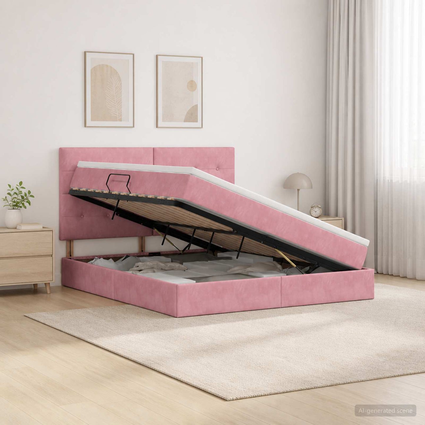 LED opbevarings seng med madras Lyserød 180 x 200 cm Fløjl