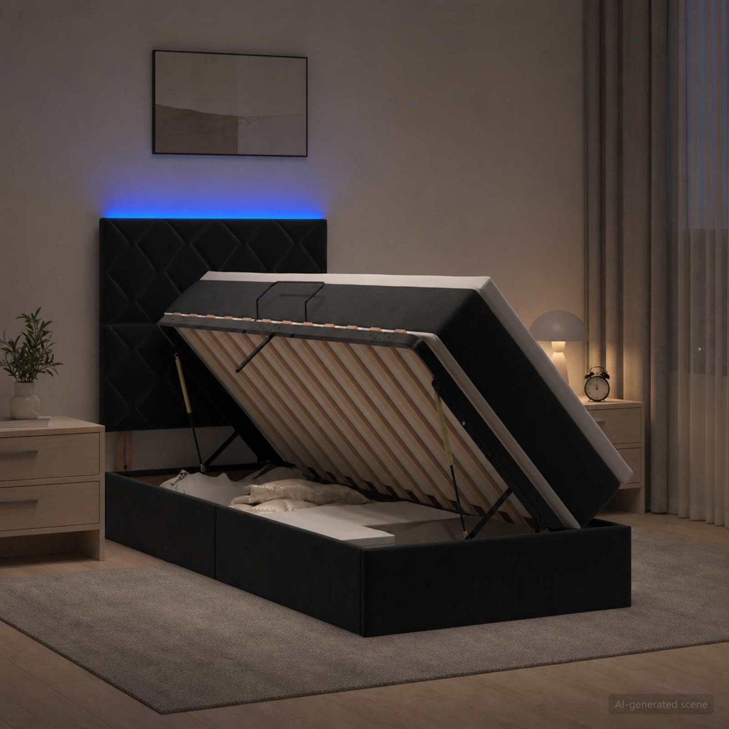 LED opbevarings seng med madras Sort 100 x 200 cm Fløjl