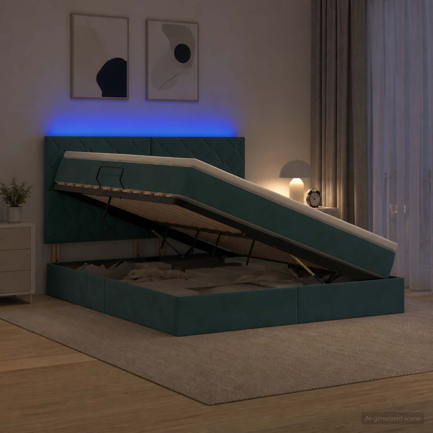LED opbevarings seng med madras Mørkegrøn 160 x 200 cm Fløjl