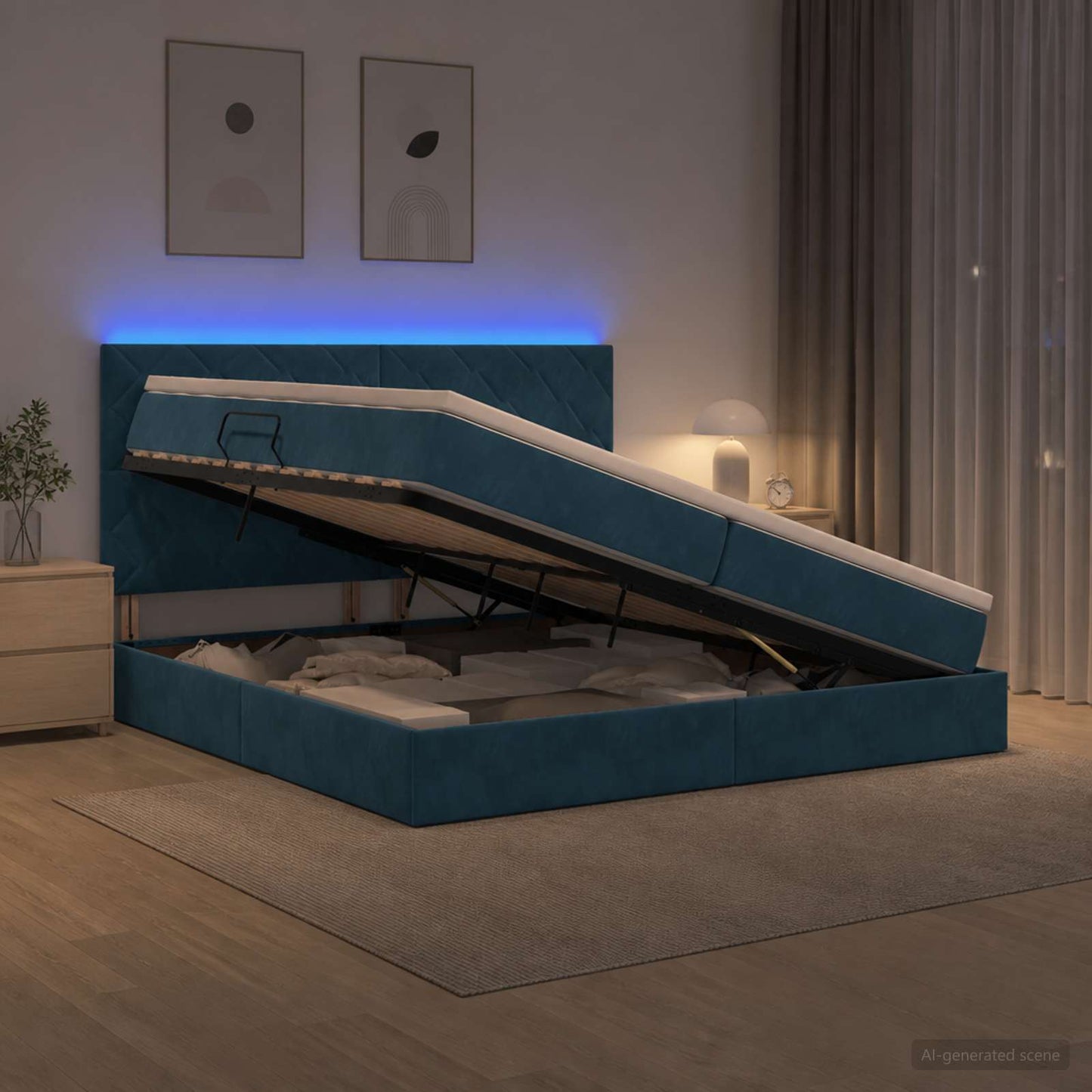LED opbevarings seng med madras Mørk blå 200 x 200 cm Fløjl