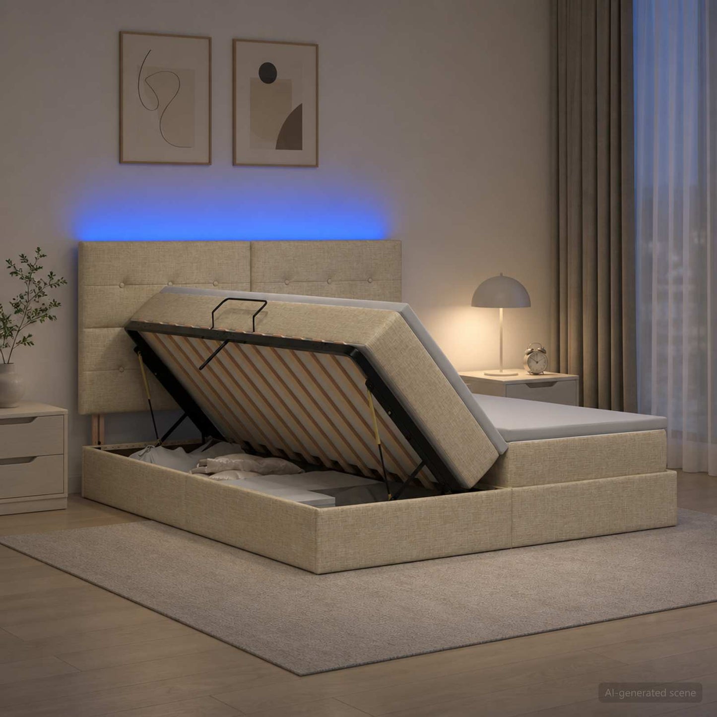 LED opbevarings seng med madras Cremefarvet 180 x 200 cm Stof