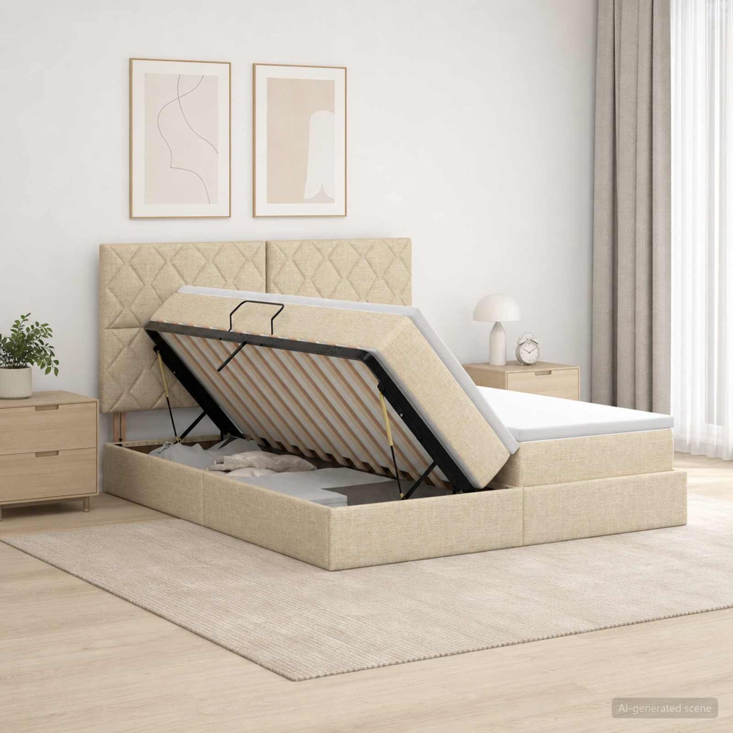 LED opbevarings seng med madras Cremefarvet 180 x 200 cm Stof