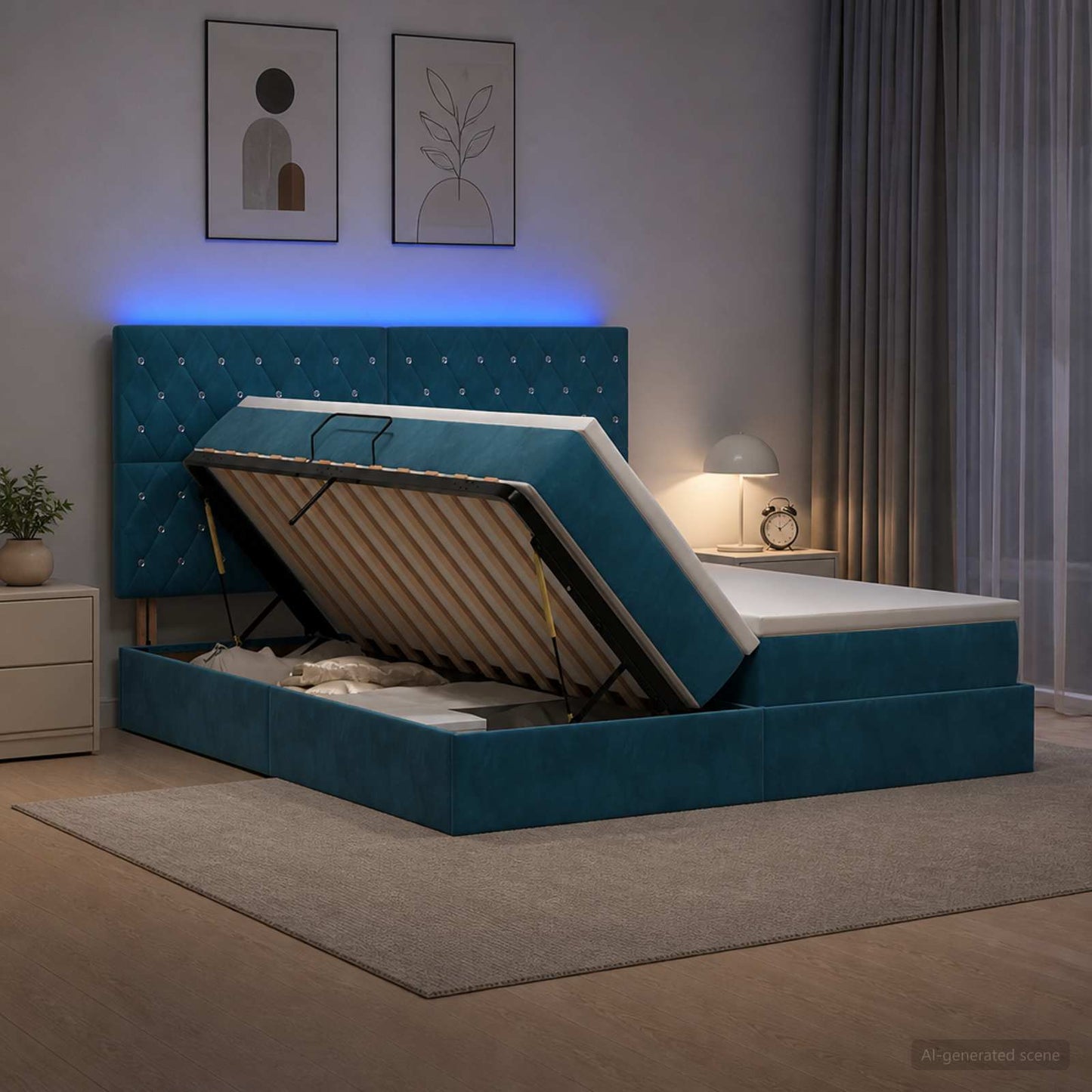 LED opbevarings seng med madras Mørk blå 200 x 200 cm Fløjl
