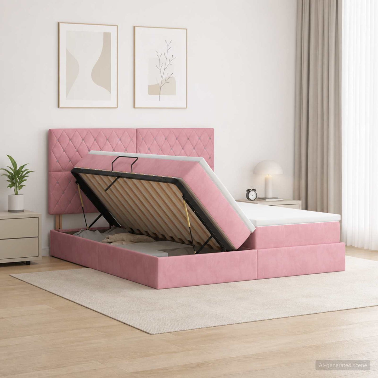 LED opbevarings seng med madras Lyserød 200 x 200 cm Fløjl