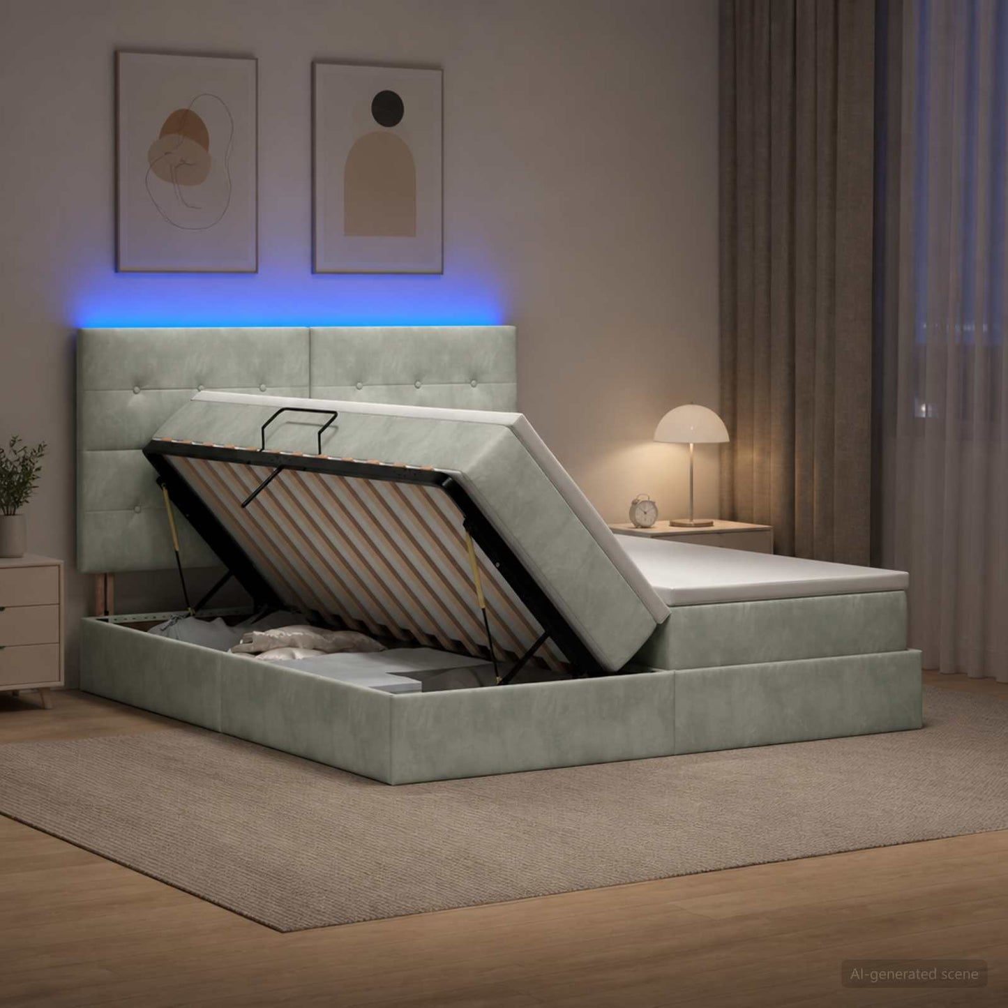LED opbevarings seng med madras Lysegrå 200 x 200 cm Fløjl