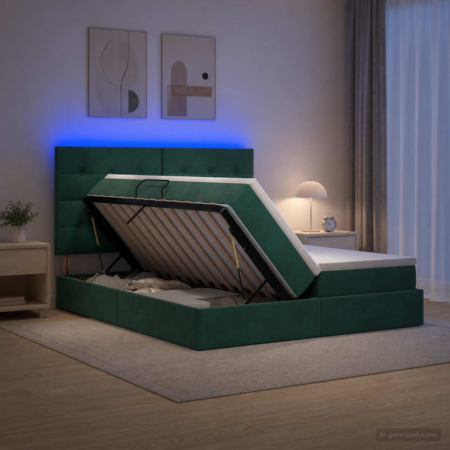 LED opbevarings seng med madras Mørkegrøn 180 x 200 cm Fløjl
