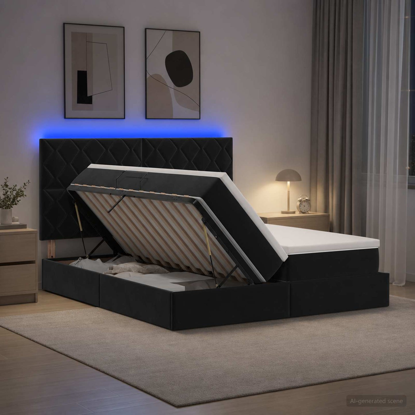 LED opbevarings seng med madras Sort 200 x 200 cm Fløjl
