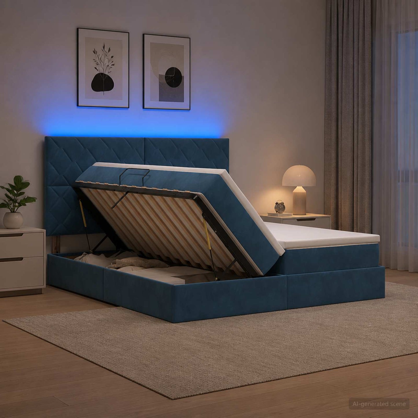 LED opbevarings seng med madras Mørk blå 180 x 200 cm Fløjl